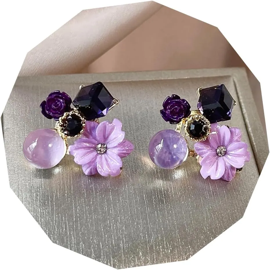 Purple Earrings for Women Flower Stud Statement Trendy Cute Everyday Crystal Jewelry Gift