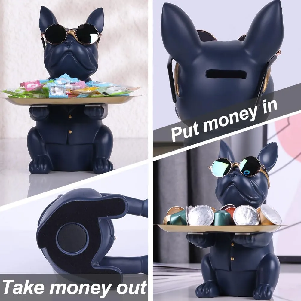 QIANLING Modern Decor Resin Navy Blue Bulldog Statue Tray - Storage Key Holder, Candy, Jewelry, Earrings - Suitable for Home, Dining Table, Office - Modern Art Small Object Tray