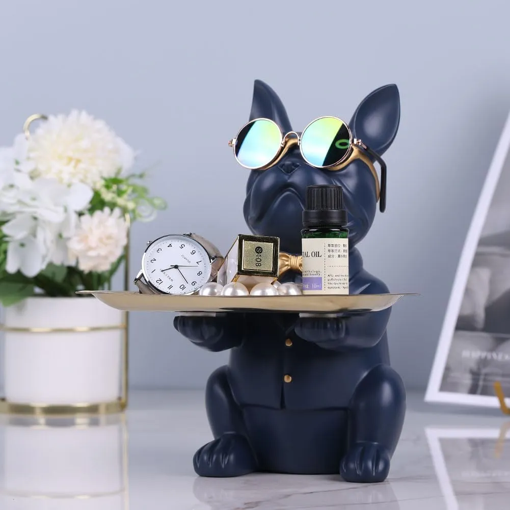 QIANLING Modern Decor Resin Navy Blue Bulldog Statue Tray - Storage Key Holder, Candy, Jewelry, Earrings - Suitable for Home, Dining Table, Office - Modern Art Small Object Tray