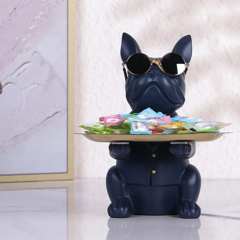 QIANLING Modern Decor Resin Navy Blue Bulldog Statue Tray - Storage Key Holder, Candy, Jewelry, Earrings - Suitable for Home, Dining Table, Office - Modern Art Small Object Tray