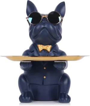 QIANLING Modern Decor Resin Navy Blue Bulldog Statue Tray - Storage Key Holder, Candy, Jewelry, Earrings - Suitable for Home, Dining Table, Office - Modern Art Small Object Tray