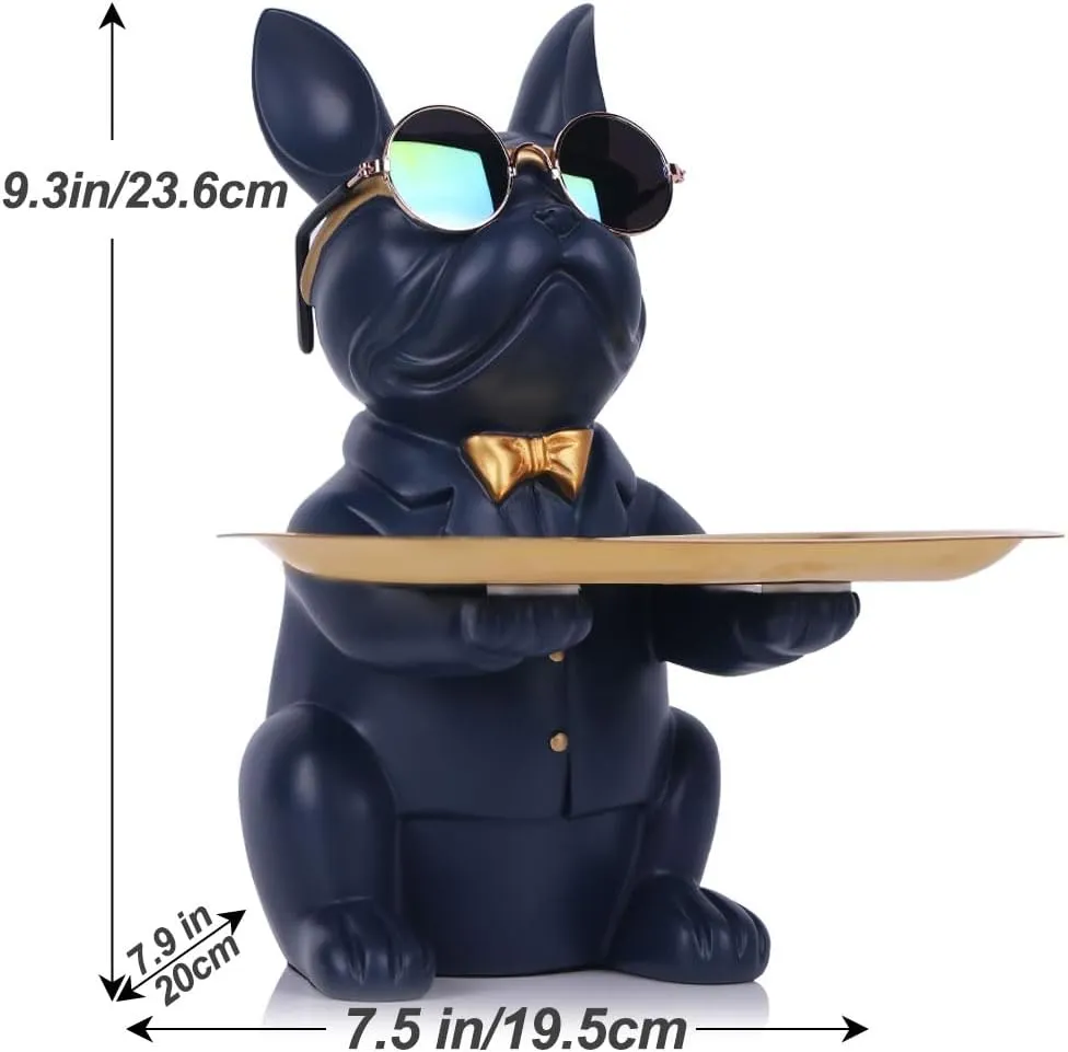 QIANLING Modern Decor Resin Navy Blue Bulldog Statue Tray - Storage Key Holder, Candy, Jewelry, Earrings - Suitable for Home, Dining Table, Office - Modern Art Small Object Tray