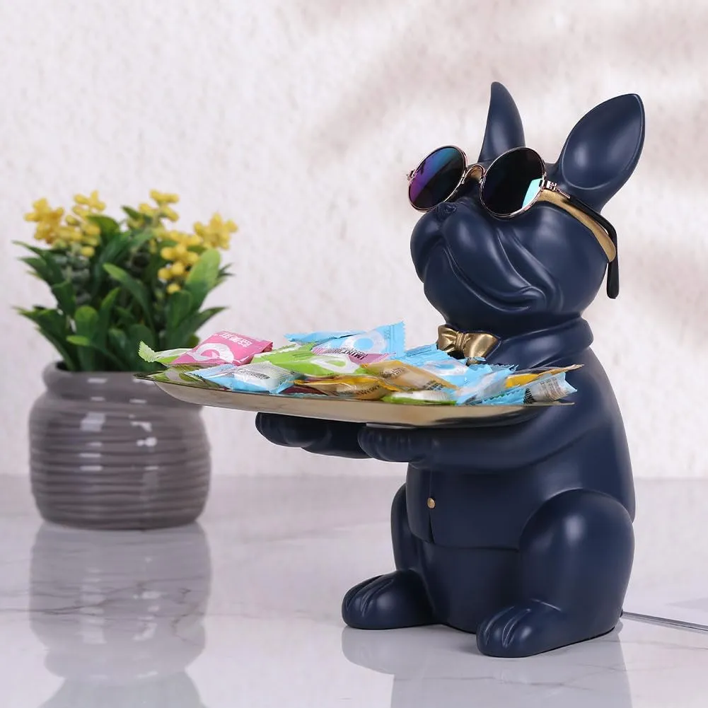 QIANLING Modern Decor Resin Navy Blue Bulldog Statue Tray - Storage Key Holder, Candy, Jewelry, Earrings - Suitable for Home, Dining Table, Office - Modern Art Small Object Tray