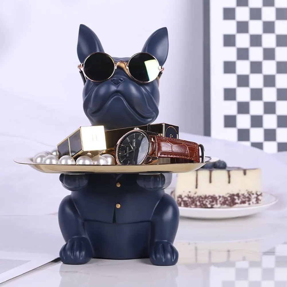QIANLING Modern Decor Resin Navy Blue Bulldog Statue Tray - Storage Key Holder, Candy, Jewelry, Earrings - Suitable for Home, Dining Table, Office - Modern Art Small Object Tray