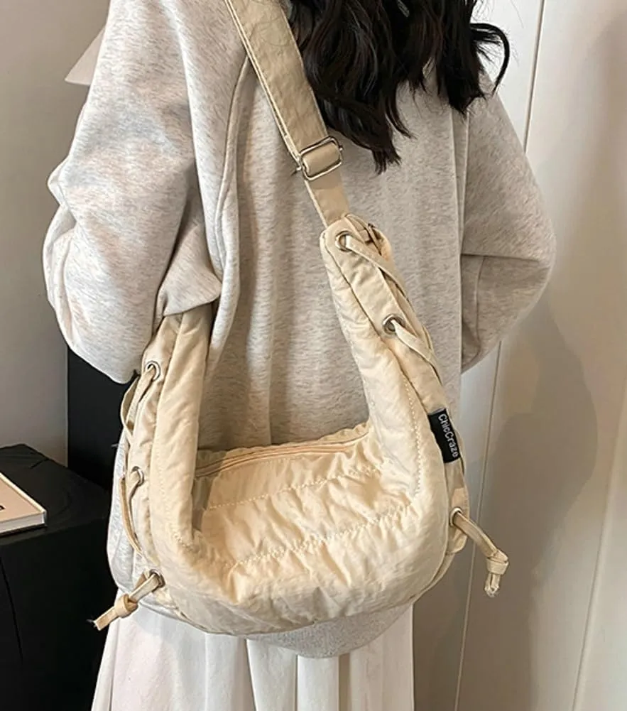 Quilted Shoulder Crossbody Bags for Women Large Tote Bag Puffy Dumpling Purse Handbag Satchel with Drawstring