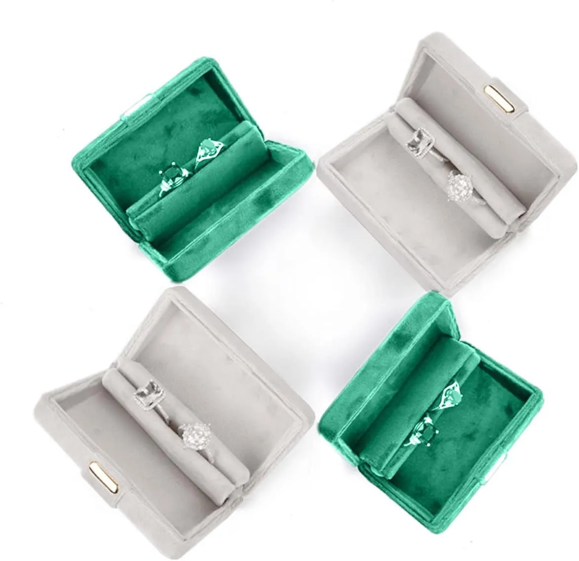 rectangle Velvet Ring Box, Cute Classical Ring Bearer,Premium Gorgeous Vintage Double Slots Ring Box for Engagement,Proposal,Wedding (green)