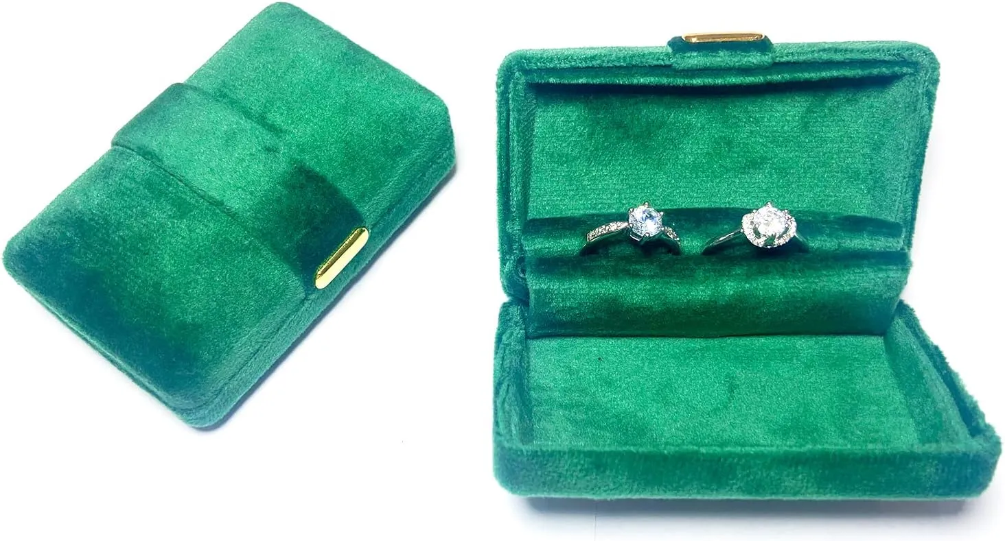 rectangle Velvet Ring Box, Cute Classical Ring Bearer,Premium Gorgeous Vintage Double Slots Ring Box for Engagement,Proposal,Wedding (green)