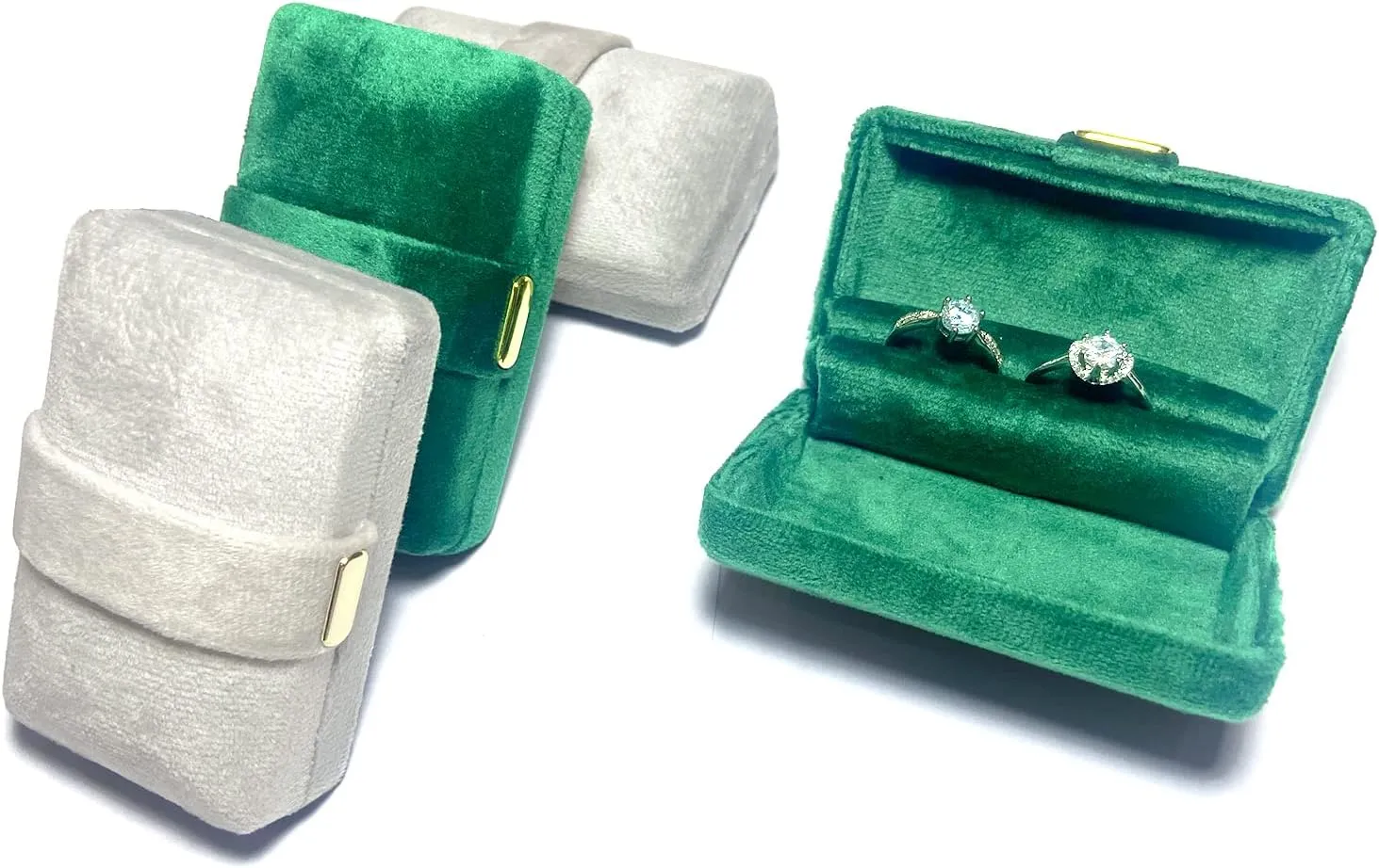 rectangle Velvet Ring Box, Cute Classical Ring Bearer,Premium Gorgeous Vintage Double Slots Ring Box for Engagement,Proposal,Wedding (green)