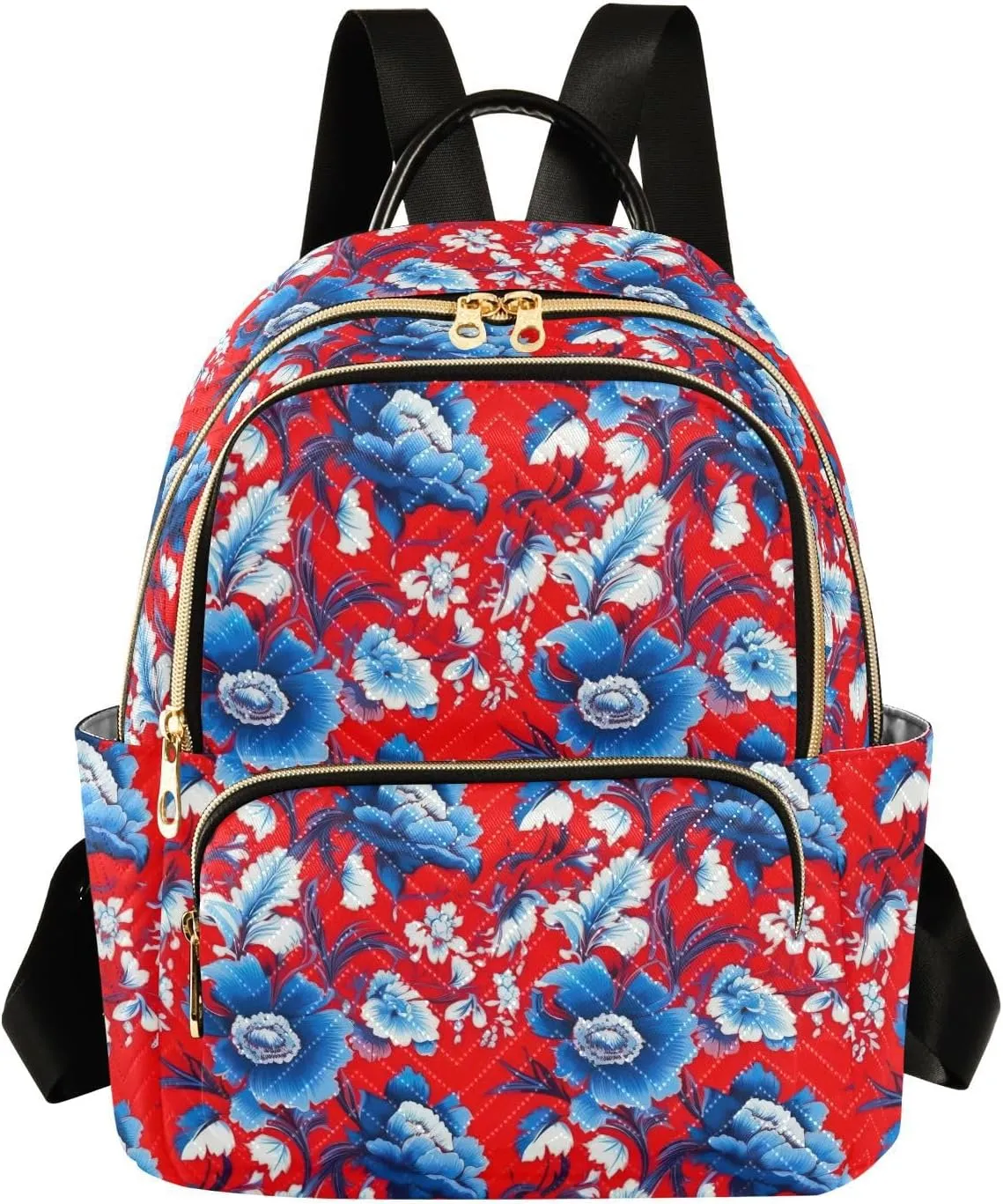 Red Blue Florals Mini Backpack Purse for Women Small Travel Casual Daypack Ladies Shoulder Bags for Work Quilted Bookbag M