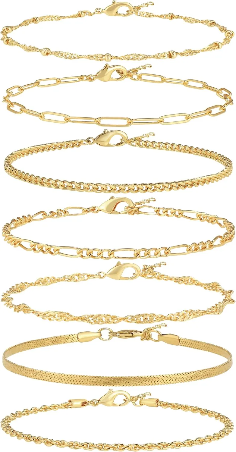 Reoxvo Dainty Bracelets for Women Trendy, Sterling Silver Plated Brass Link Chain Charm Bracelet Set for Women Stack 14K Gold Plated Brass Link Bracelets Jewelry Gift for Women