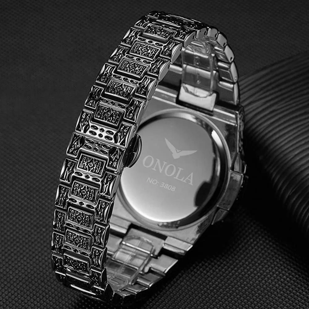Retro Watches for Men Quartz Watches Tattoo Pattern Carved Stainless Steel Bracelet Waterproof Wrist Watch