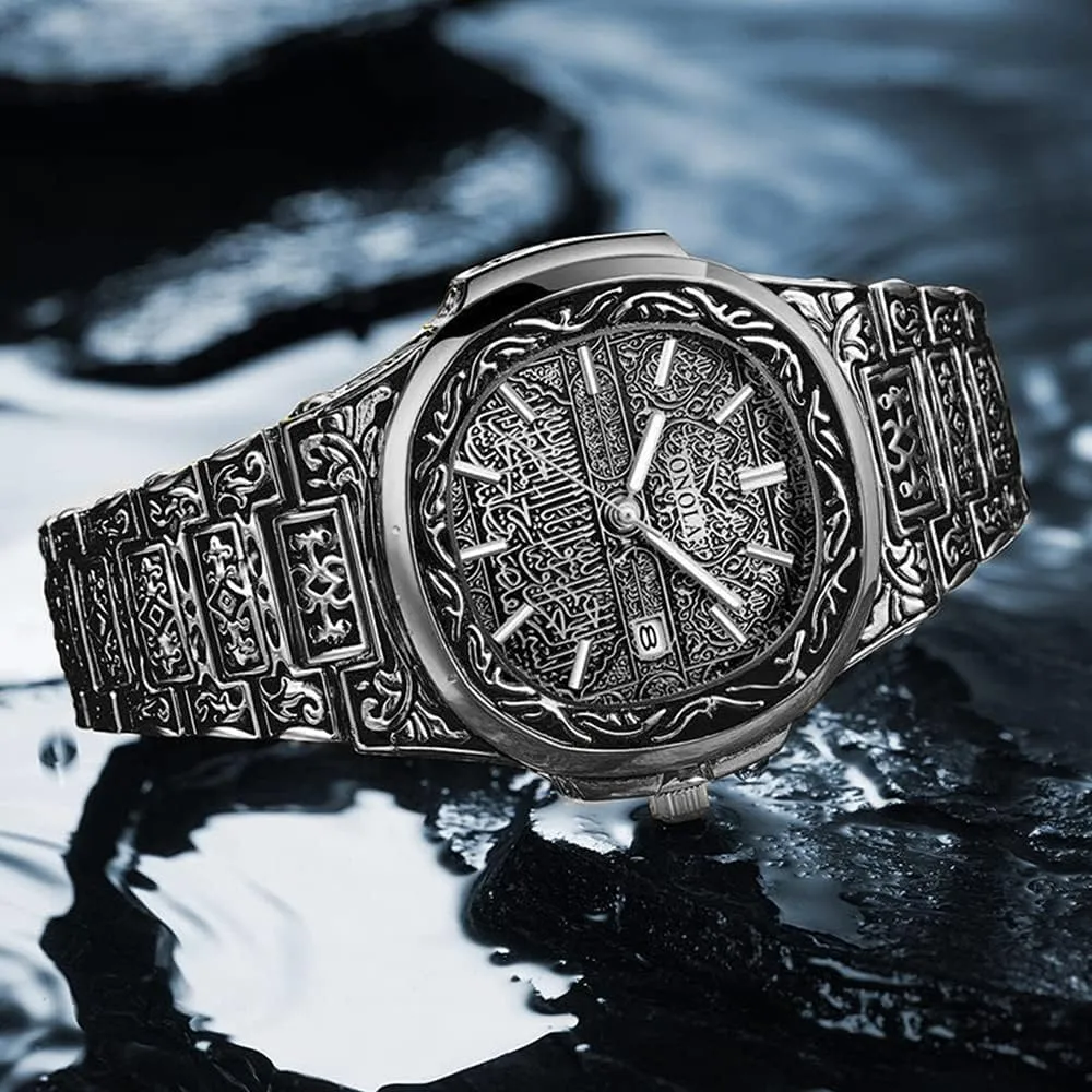 Retro Watches for Men Quartz Watches Tattoo Pattern Carved Stainless Steel Bracelet Waterproof Wrist Watch