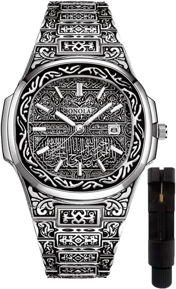 Retro Watches for Men Quartz Watches Tattoo Pattern Carved Stainless Steel Bracelet Waterproof Wrist Watch