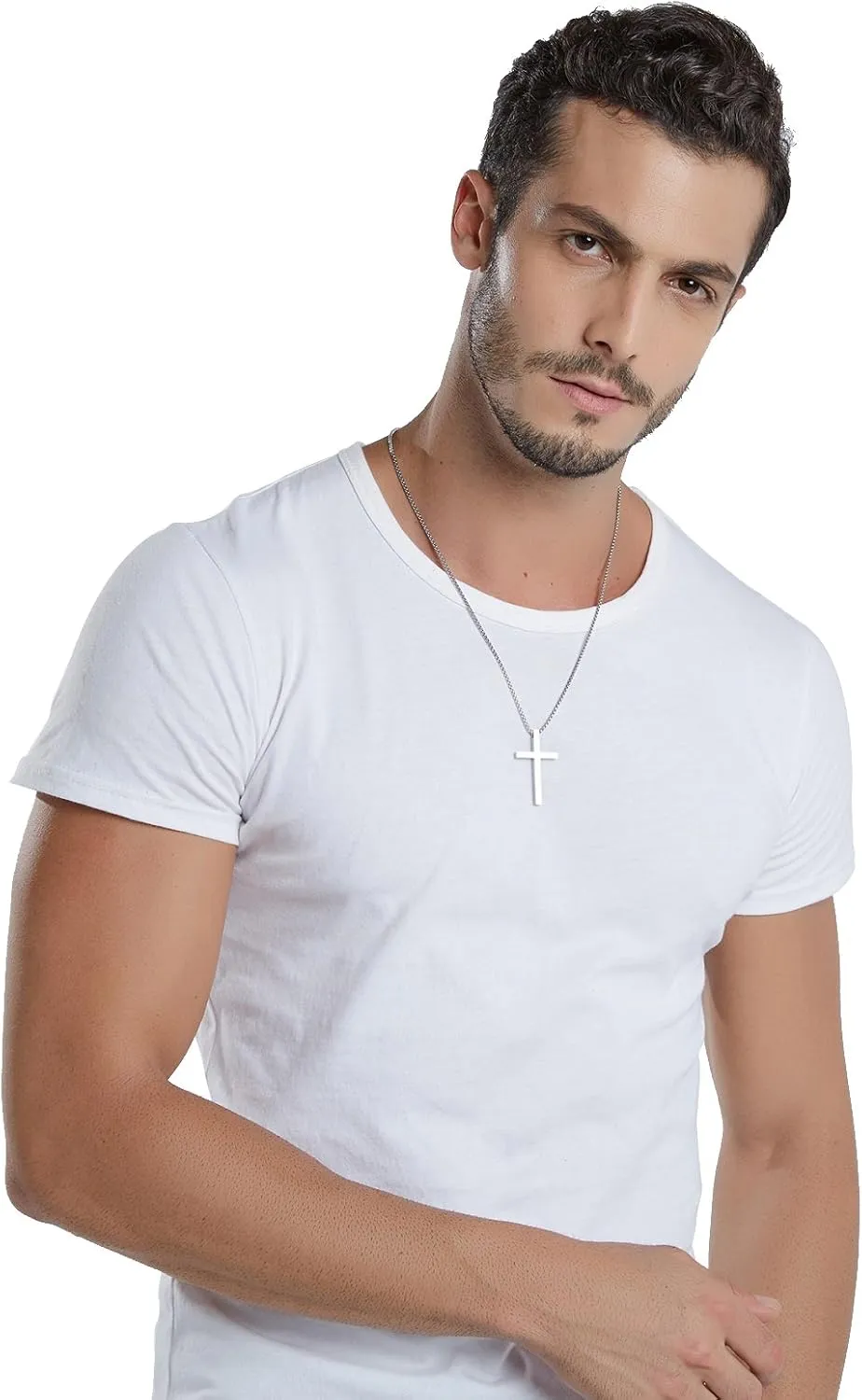 Reve Simple Stainless Steel Silver Tone Cross Pendant Chain Necklace for Men Women, 20-22 Inches