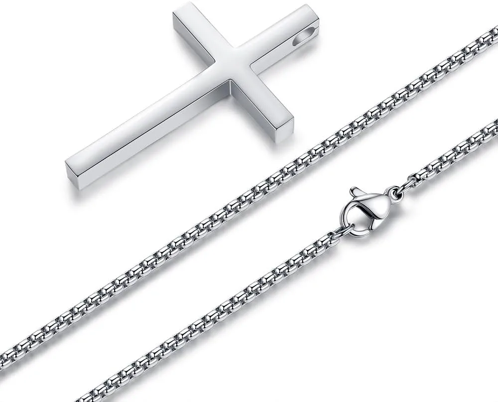 Reve Simple Stainless Steel Silver Tone Cross Pendant Chain Necklace for Men Women, 20-22 Inches