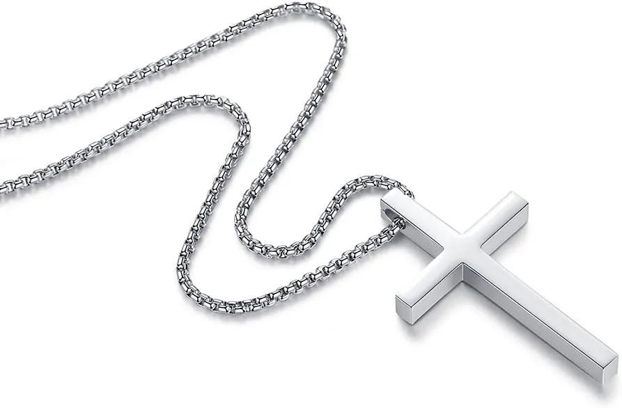 Reve Simple Stainless Steel Silver Tone Cross Pendant Chain Necklace for Men Women, 20-22 Inches