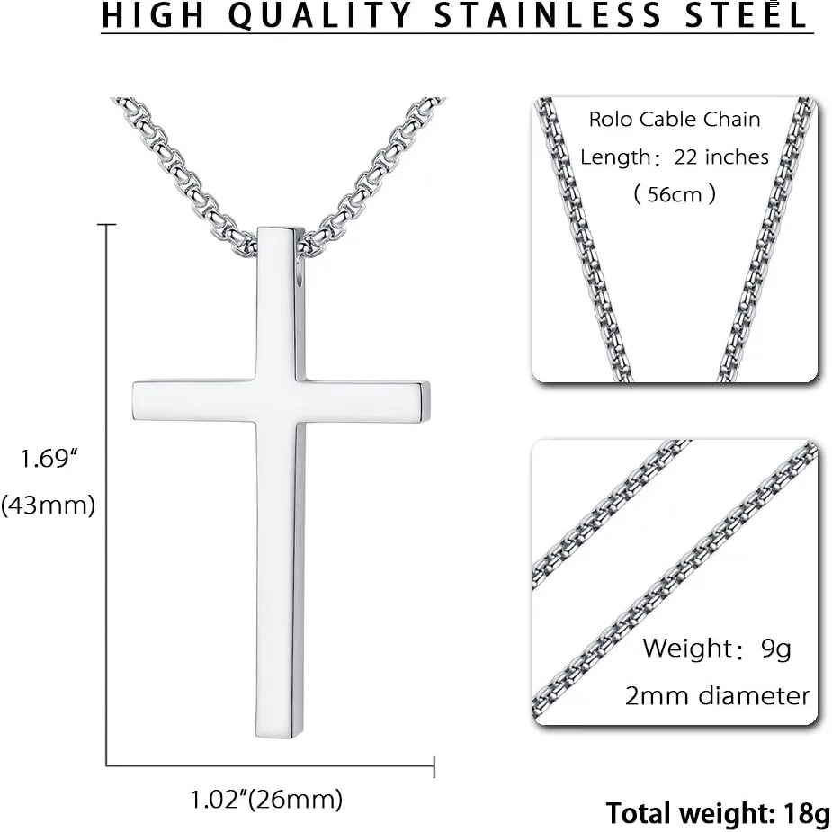 Reve Simple Stainless Steel Silver Tone Cross Pendant Chain Necklace for Men Women, 20-22 Inches