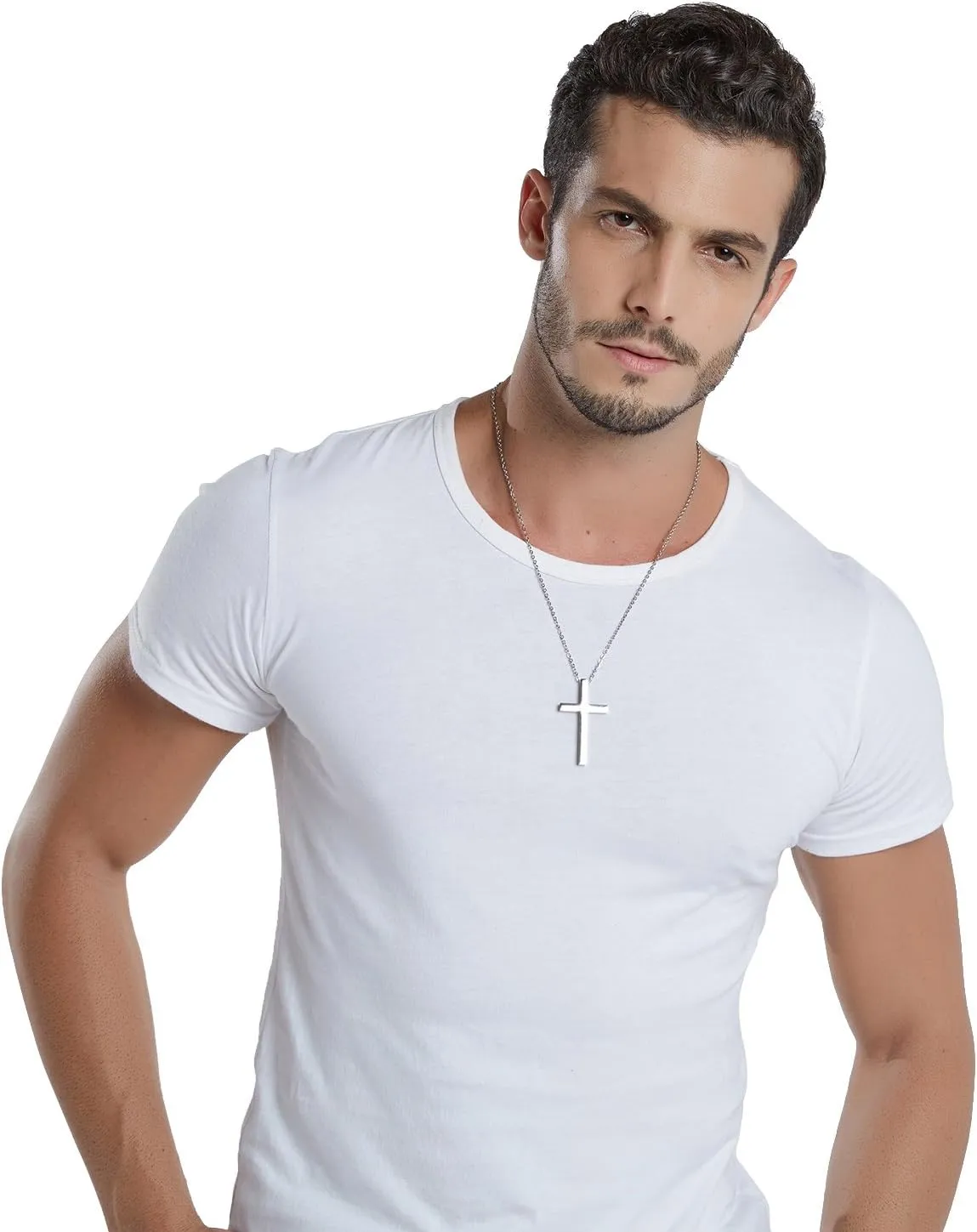 REVEMCN Simple Stainless Steel Silver Tone Cross Pendant Necklace for Men Women, 20-24 Inches Chain