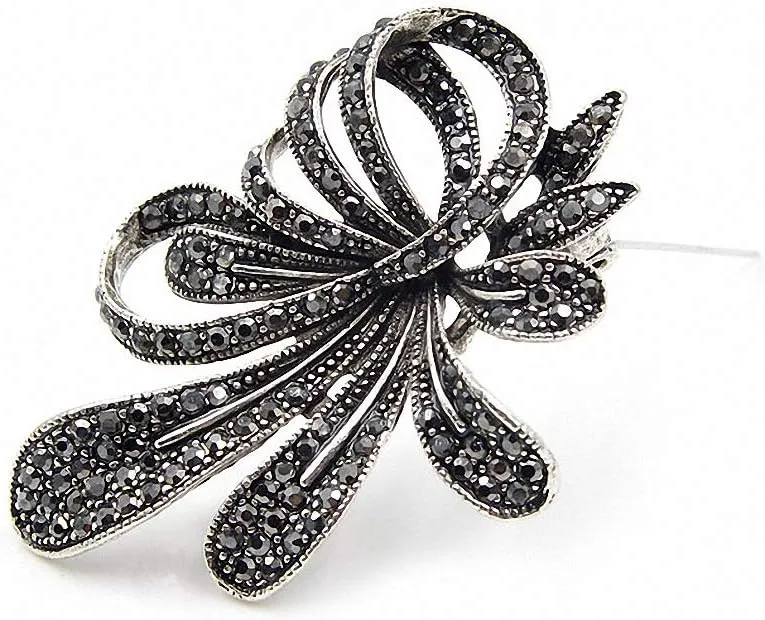 Rhinestone Black Flower Brooches Women Vintage Antique Silver Brooch Pin Elegant Exquisite Broches
