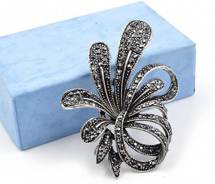 Rhinestone Black Flower Brooches Women Vintage Antique Silver Brooch Pin Elegant Exquisite Broches