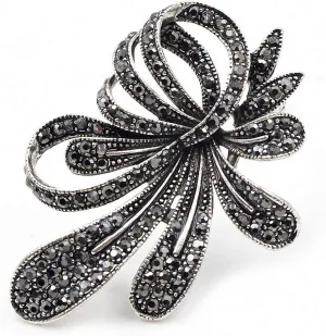 Rhinestone Black Flower Brooches Women Vintage Antique Silver Brooch Pin Elegant Exquisite Broches