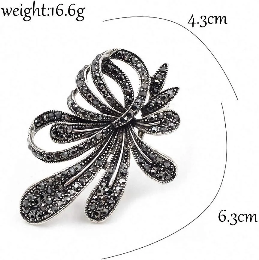 Rhinestone Black Flower Brooches Women Vintage Antique Silver Brooch Pin Elegant Exquisite Broches