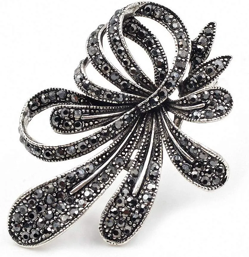 Rhinestone Black Flower Brooches Women Vintage Antique Silver Brooch Pin Elegant Exquisite Broches