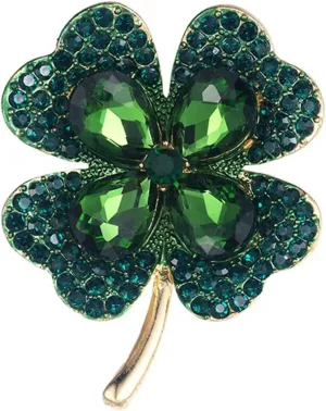 Rhinestone Green Clover Leaf Brooch Pin for Women Girls Unisex Gold Plated Vintage Crystal Flower Brooches Lapel Pins Lucky Decor Dress Accessories St Patrick's Day Holiday Christmas Jewelry Gift