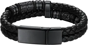 Richsteel Leather Bracelet for Men Double-Row Braided Leather Bracelet Bangle Wristband with Stainless Steel Compass & Celtic Beaded Christmas Birthday Thanksgiving Day Gifts