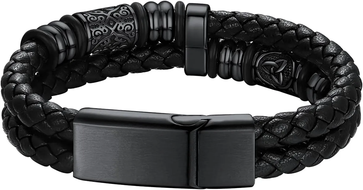 Richsteel Leather Bracelet for Men Double-Row Braided Leather Bracelet Bangle Wristband with Stainless Steel Compass & Celtic Beaded Christmas Birthday Thanksgiving Day Gifts