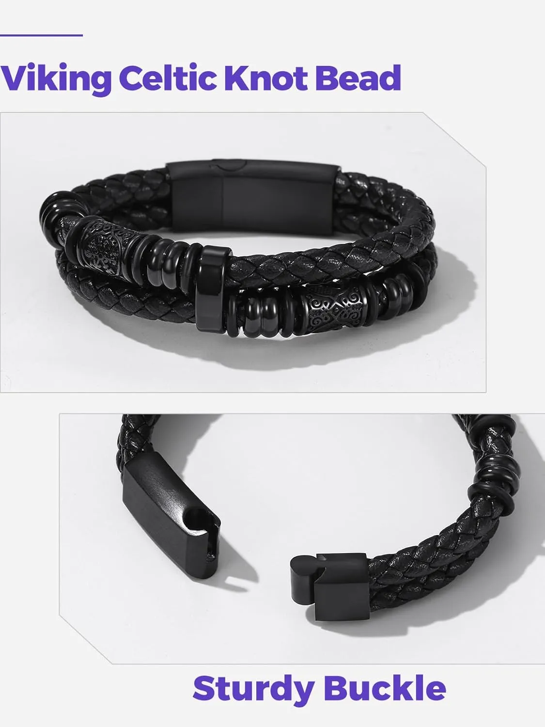 Richsteel Leather Bracelet for Men Double-Row Braided Leather Bracelet Bangle Wristband with Stainless Steel Compass & Celtic Beaded Christmas Birthday Thanksgiving Day Gifts