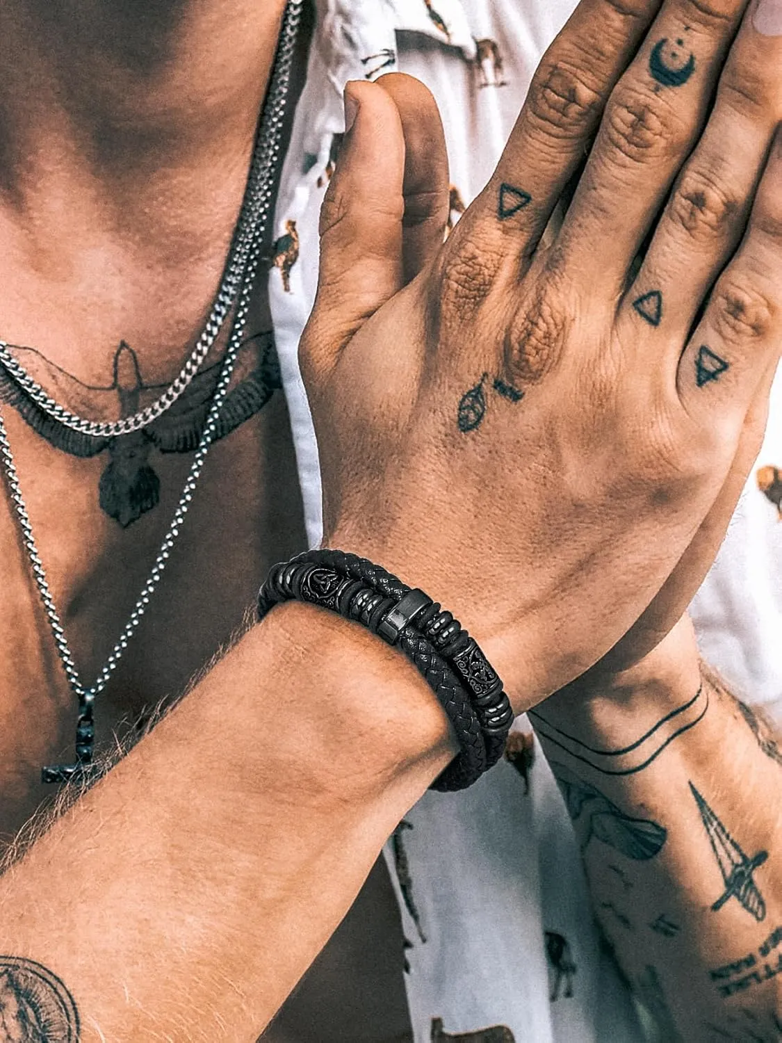 Richsteel Leather Bracelet for Men Double-Row Braided Leather Bracelet Bangle Wristband with Stainless Steel Compass & Celtic Beaded Christmas Birthday Thanksgiving Day Gifts