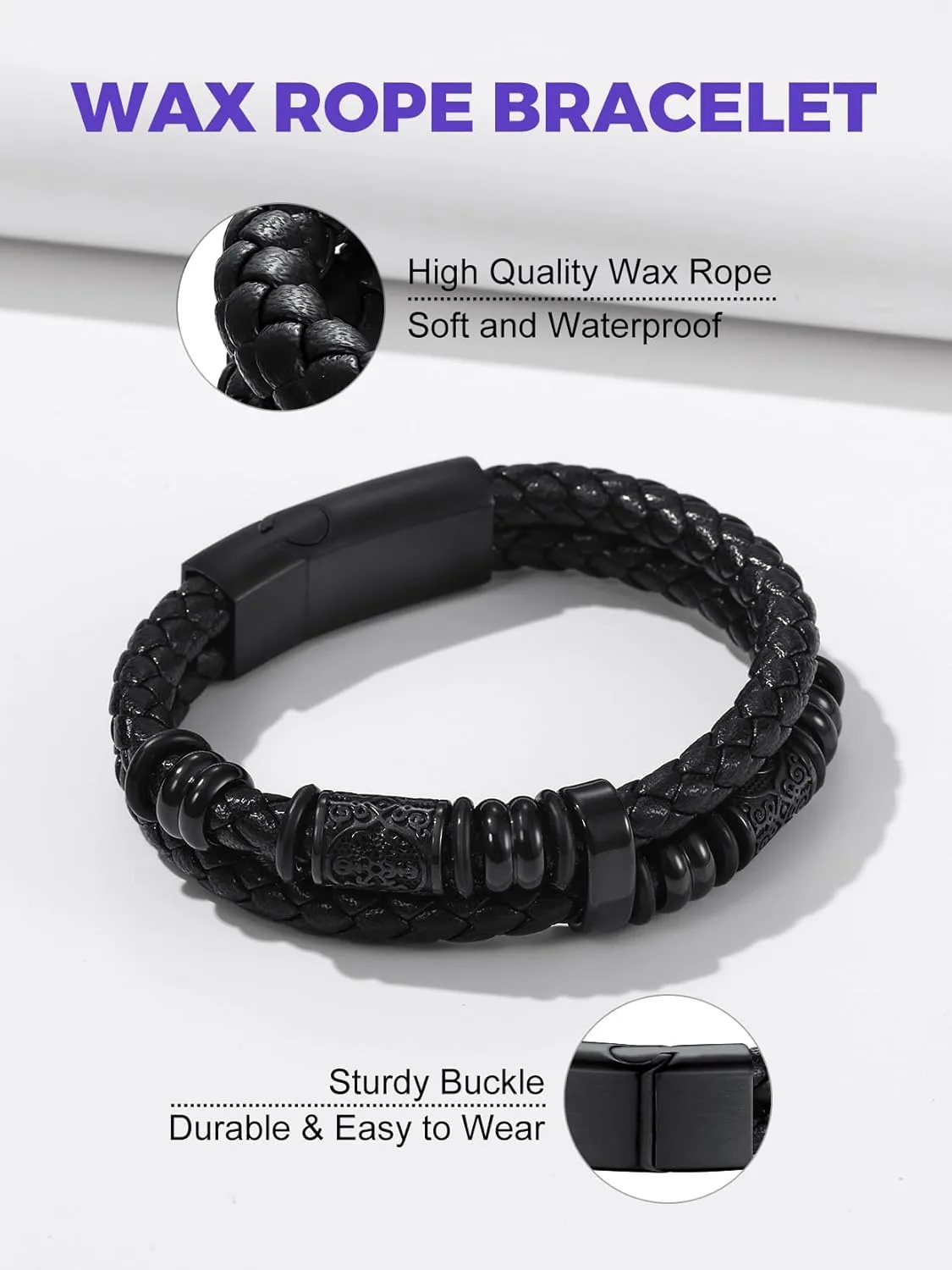 Richsteel Leather Bracelet for Men Double-Row Braided Leather Bracelet Bangle Wristband with Stainless Steel Compass & Celtic Beaded Christmas Birthday Thanksgiving Day Gifts