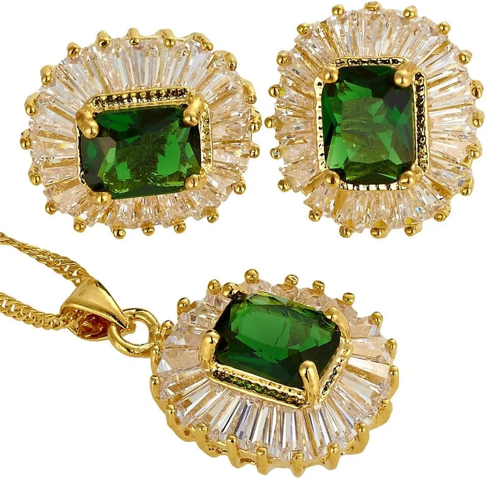 RIZILIA Jewelry Set Pendant with 18" Chain & Stud Earrings Rectangular Cut CZ [5 Colours available] in Yellow Gold Plated, Simple Modern Elegant