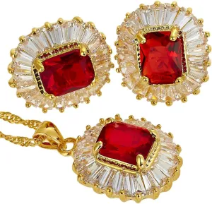 RIZILIA Jewelry Set Pendant with 18" Chain & Stud Earrings Rectangular Cut CZ [5 Colours available] in Yellow Gold Plated, Simple Modern Elegant