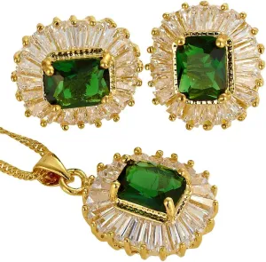 RIZILIA Jewelry Set Pendant with 18" Chain & Stud Earrings Rectangular Cut CZ [5 Colours available] in Yellow Gold Plated, Simple Modern Elegant