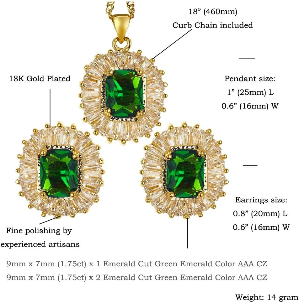 RIZILIA Jewelry Set Pendant with 18" Chain & Stud Earrings Rectangular Cut CZ [5 Colours available] in Yellow Gold Plated, Simple Modern Elegant