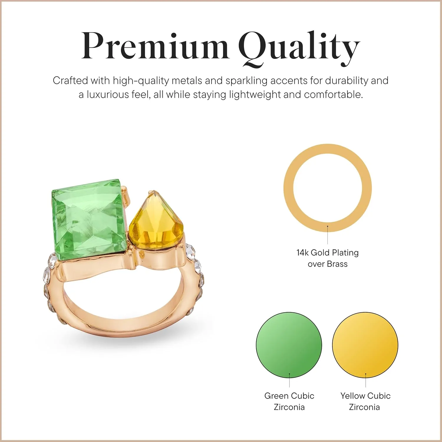 Rocksbox Amelia Statement Ring with Green & Yellow CZ - Women's Gold Statement Ring - 14k Gold Plating with Cubic Zirconia - Premium Quality Jewelry