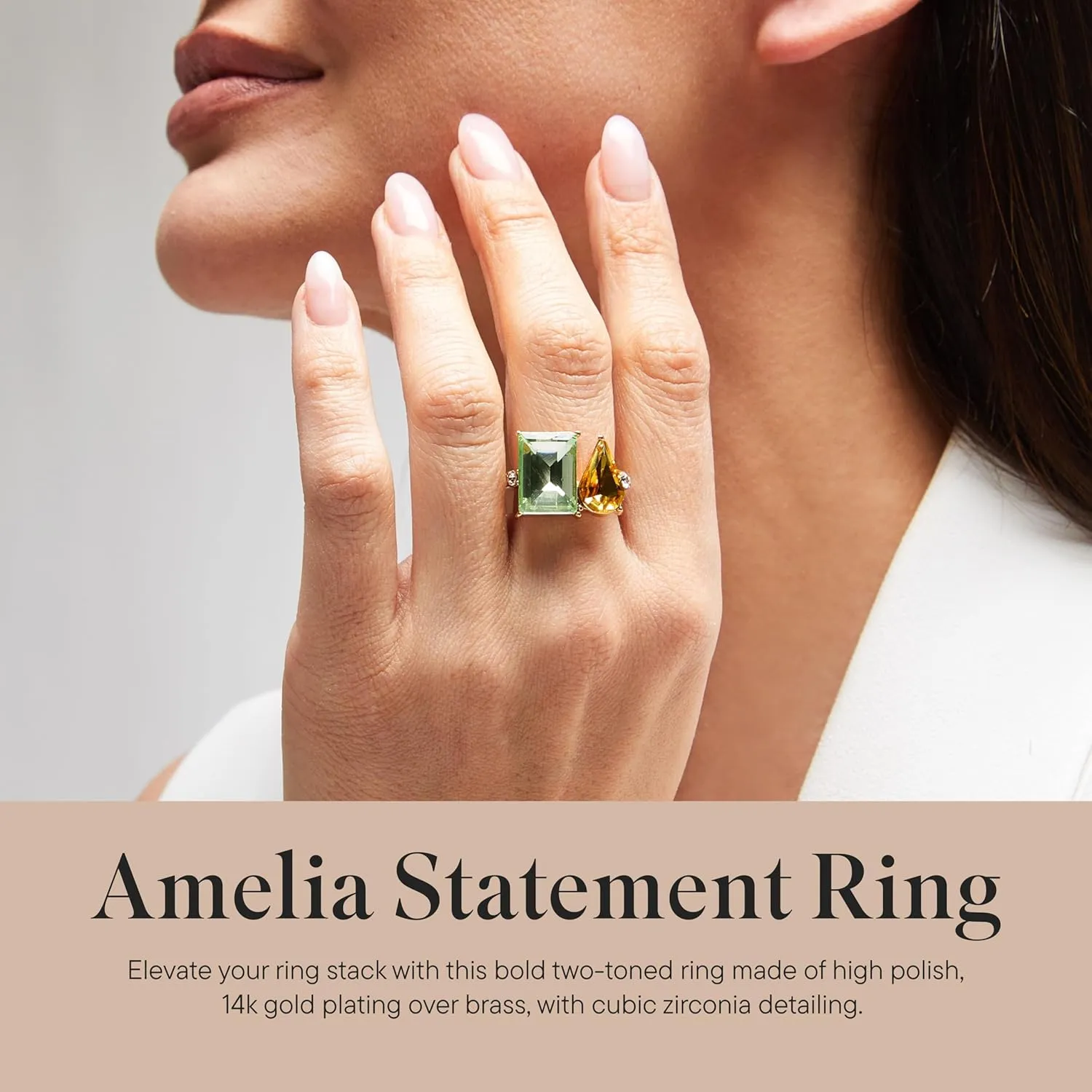 Rocksbox Amelia Statement Ring with Green & Yellow CZ - Women's Gold Statement Ring - 14k Gold Plating with Cubic Zirconia - Premium Quality Jewelry