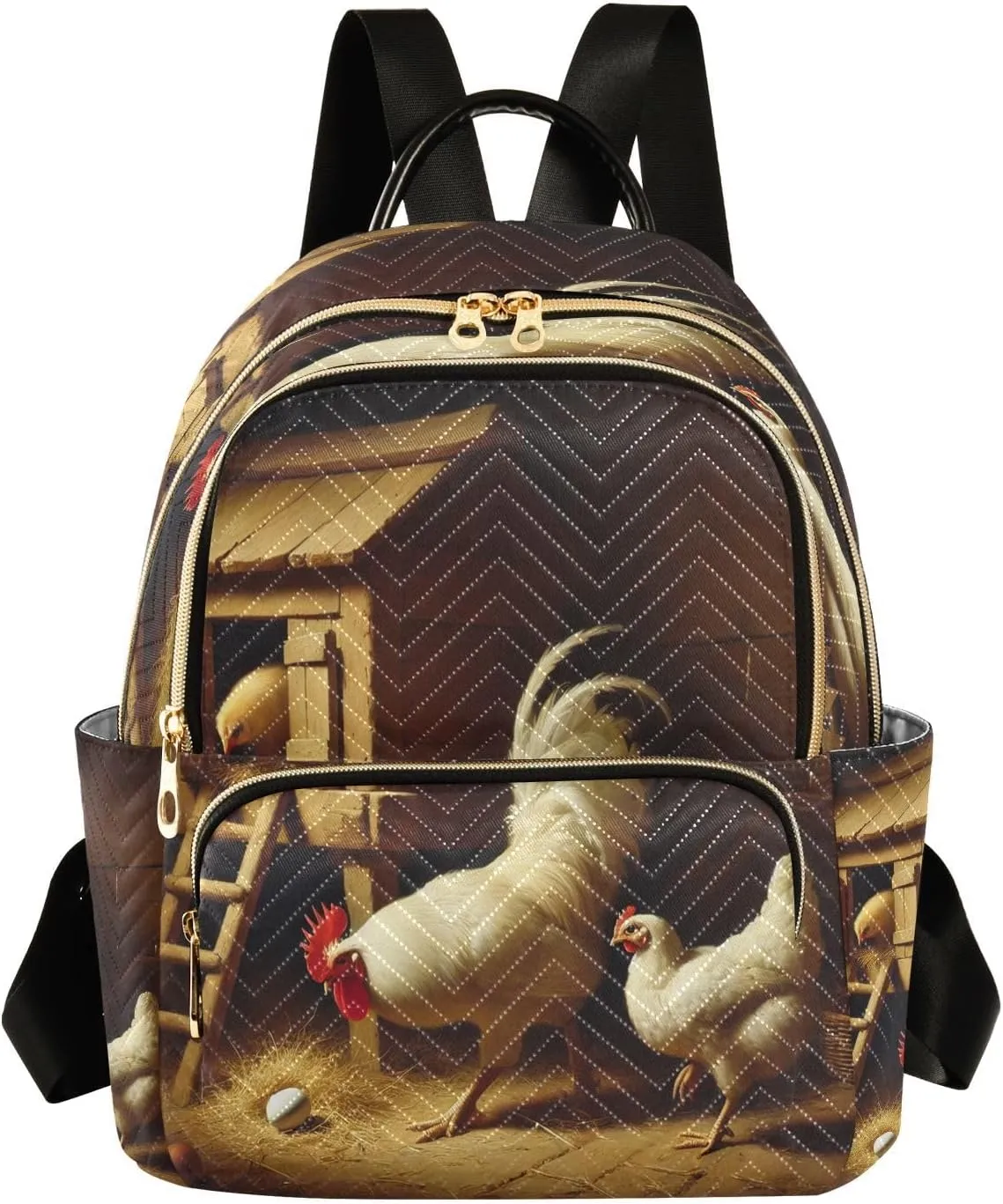 Rooster Beige Brown Mini Backpack Purse for Women Small Travel Casual Daypack Quilted Bookbag Ladies Shoulder Bags for Work M