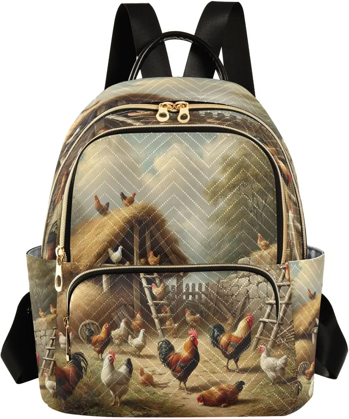 Rooster Brown Mini Backpack Purse for Women Small Travel Casual Daypack Quilted Bookbag Ladies Shoulder Bags for Work M