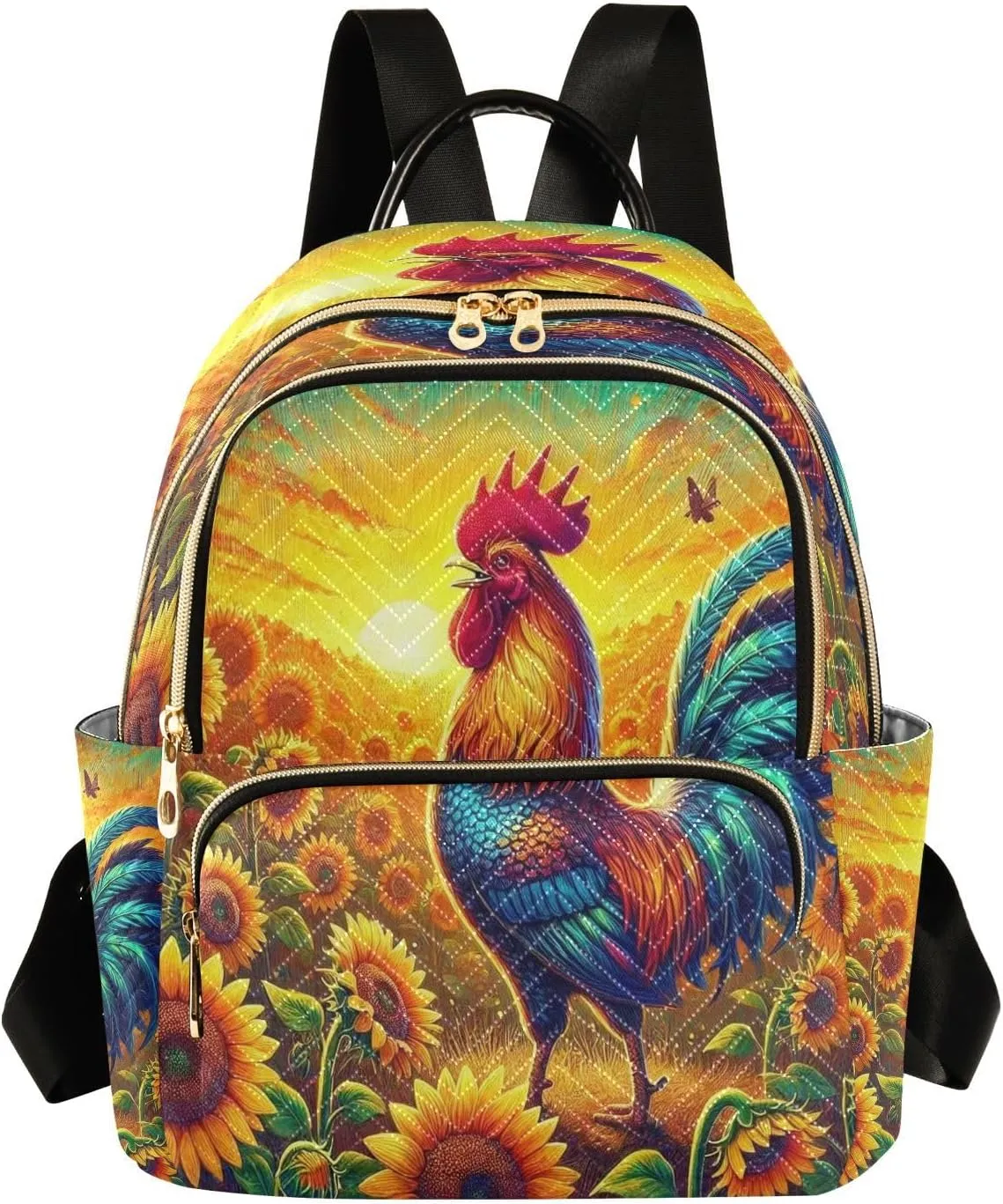 Roosters Flowers Mini Backpack Purse for Women Small Quilted Bookbag Travel Casual Daypack Ladies Shoulder Bags for Work M