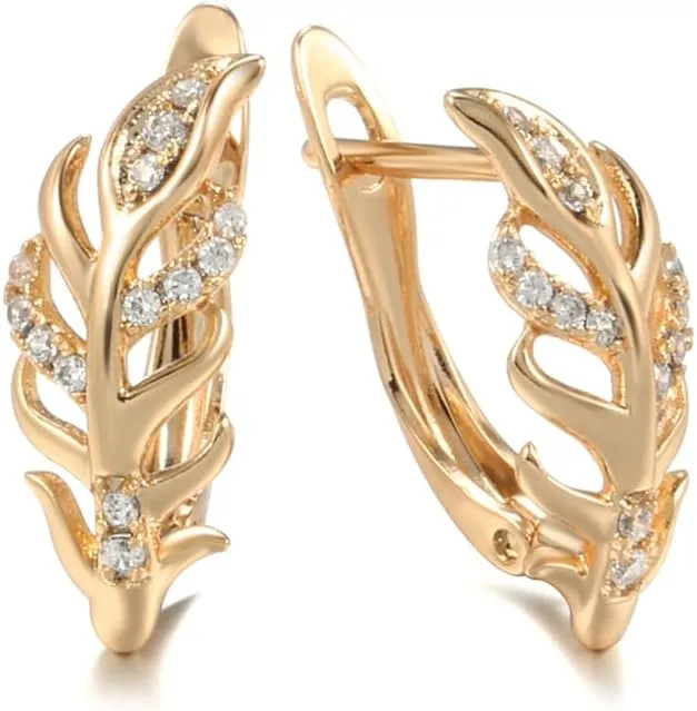 Rose Gold-Plated Leaf Dangle Earrings with Cubic Zirconia for Women