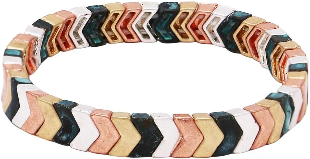 Rosemarie & Jubalee Women's Multi Tone Metal Link Chevron Tile Stretch Bangle Bracelet, 3.5"