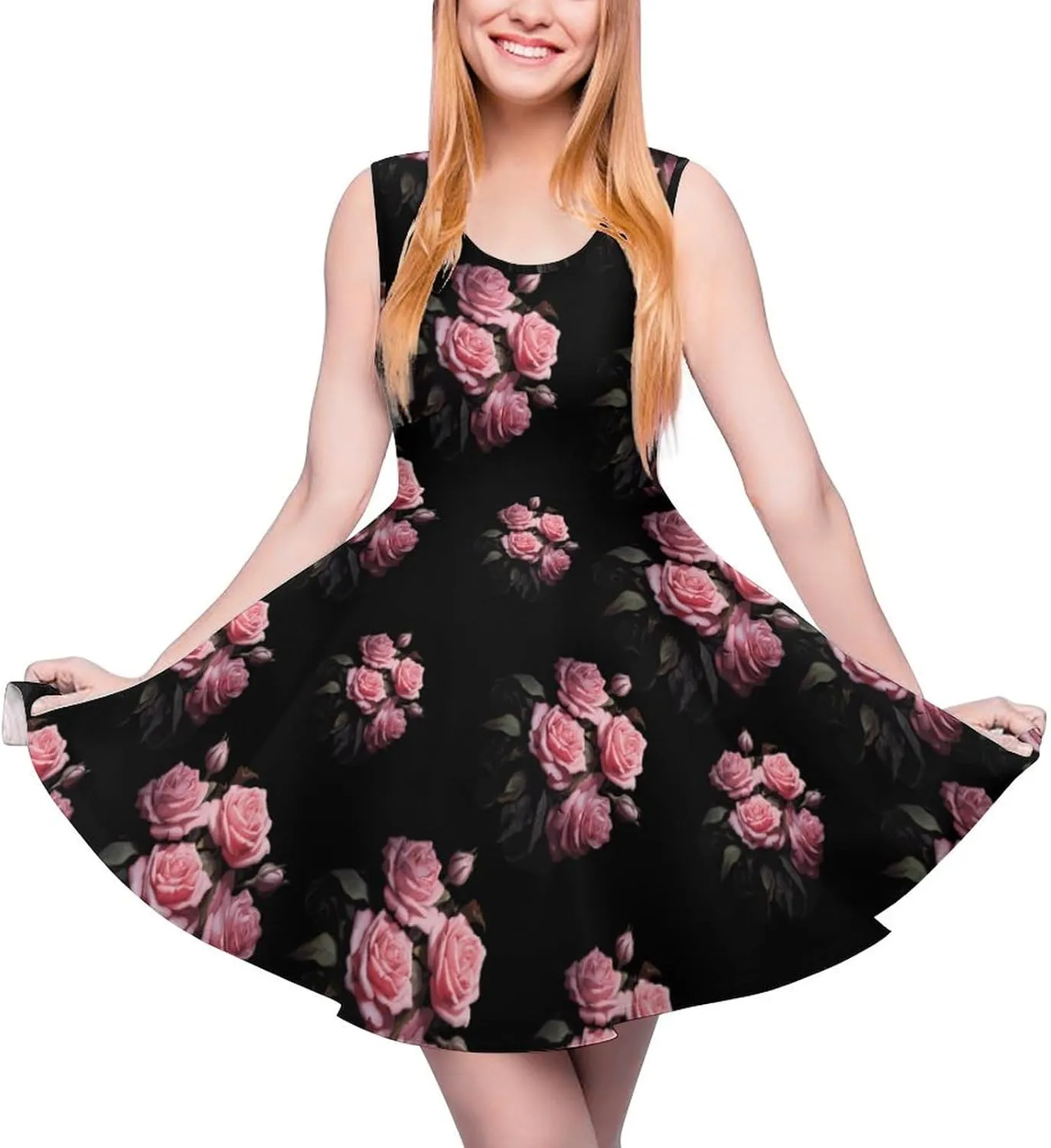 Roses Women's Dress Round Neck Dress Sleeveless Tank Dress Ruffle Hem Mini Dresses XS