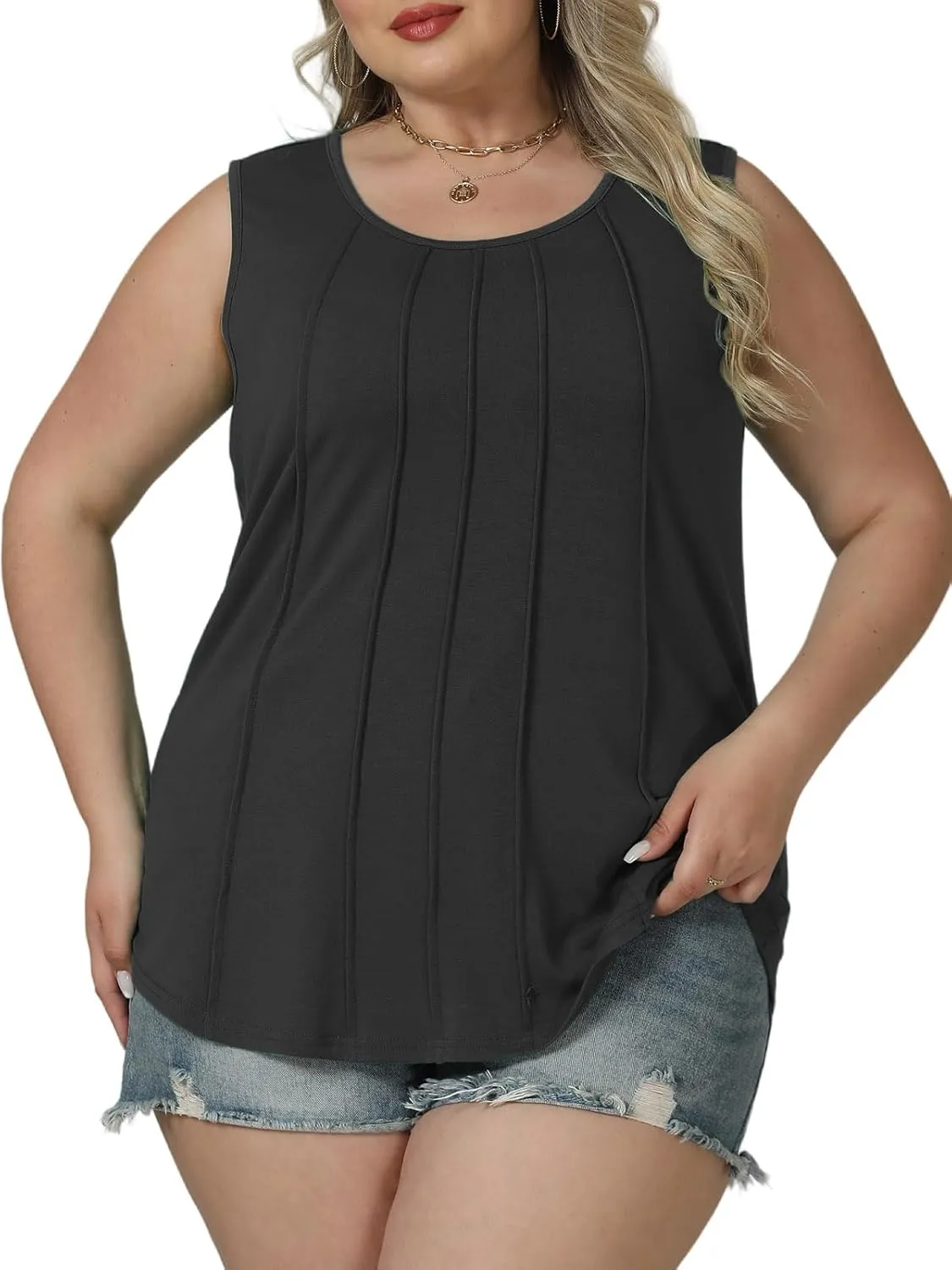 ROSRISS Plus-Size-Tank-Tops Summer Sleeveless Casual Pleated Shirts Trendy Scoop Neck Tunics Flowy Tees