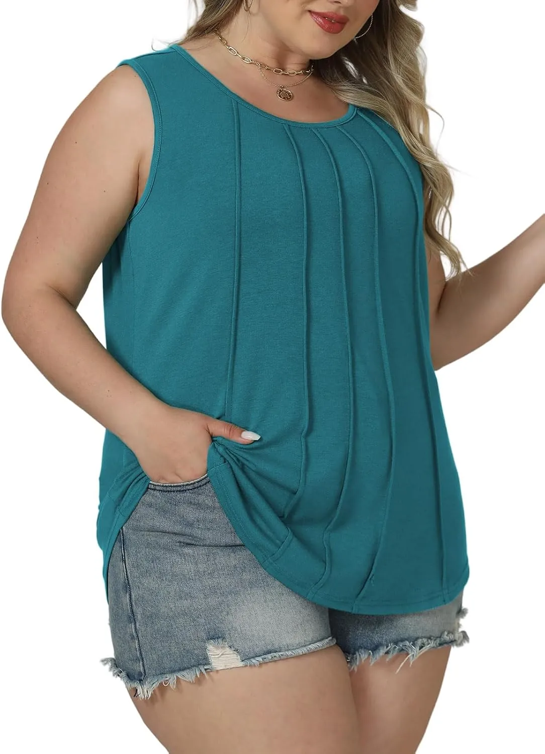 ROSRISS Plus-Size-Tank-Tops Summer Sleeveless Casual Pleated Shirts Trendy Scoop Neck Tunics Flowy Tees
