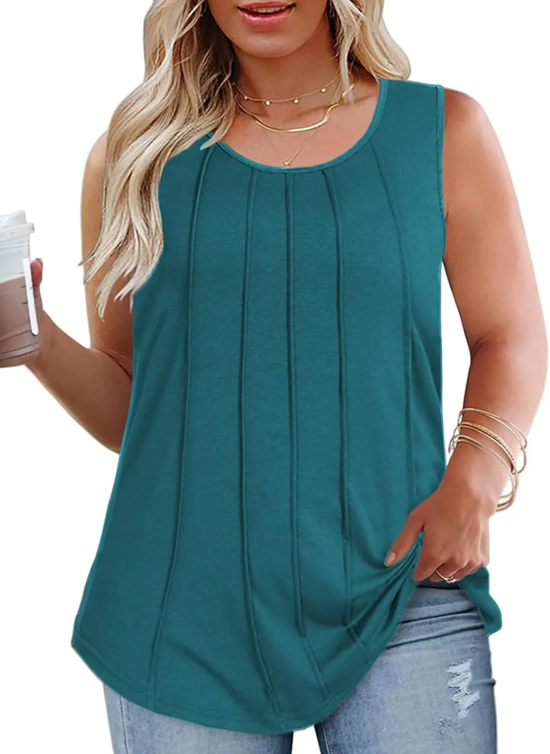 ROSRISS Plus-Size-Tank-Tops Summer Sleeveless Casual Pleated Shirts Trendy Scoop Neck Tunics Flowy Tees