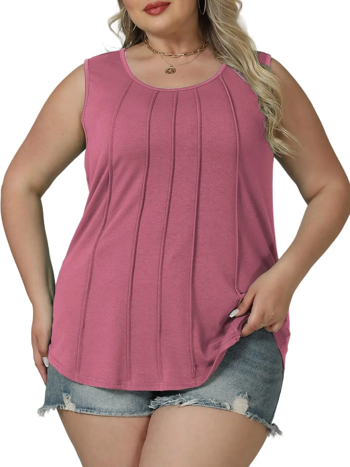 ROSRISS Plus-Size-Tank-Tops Summer Sleeveless Casual Pleated Shirts Trendy Scoop Neck Tunics Flowy Tees