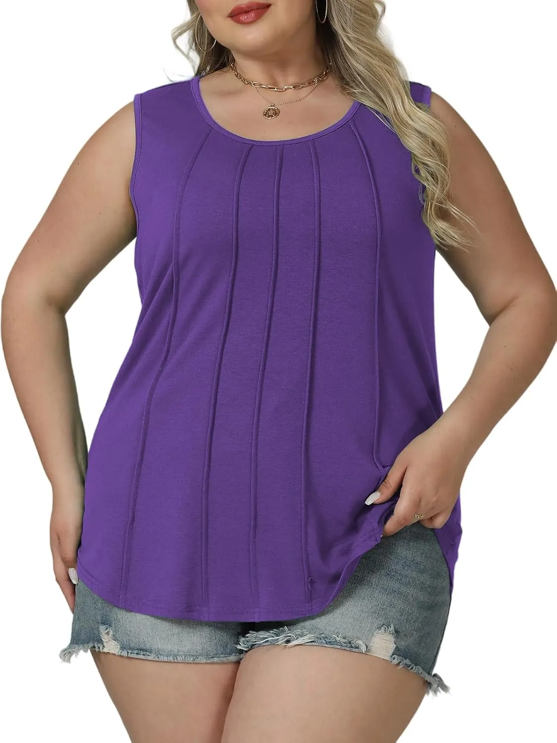 ROSRISS Plus-Size-Tank-Tops Summer Sleeveless Casual Pleated Shirts Trendy Scoop Neck Tunics Flowy Tees